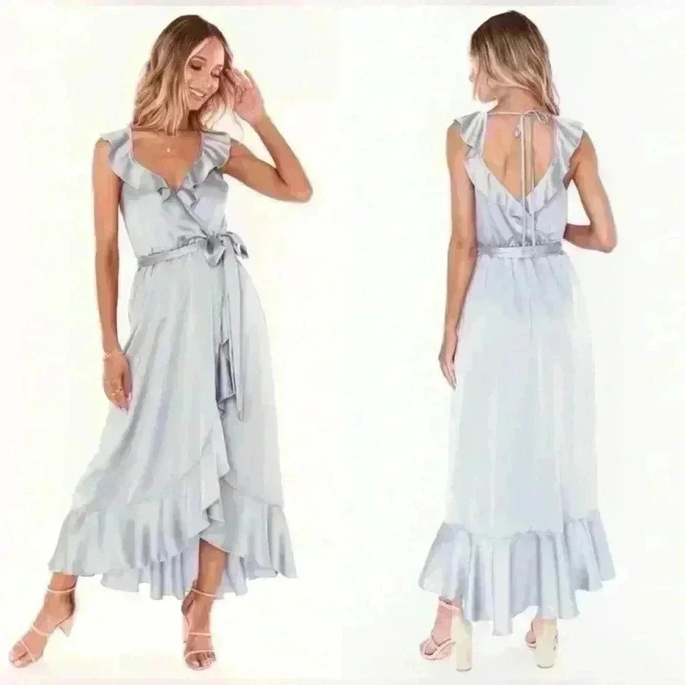 Show Me Your MuMu Pale Blue Ruffle Wrap High-Low Dress